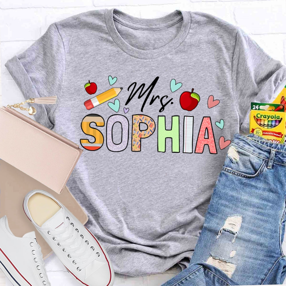 Personalized Name Apples And Heart Pattern Teacher T-shirt