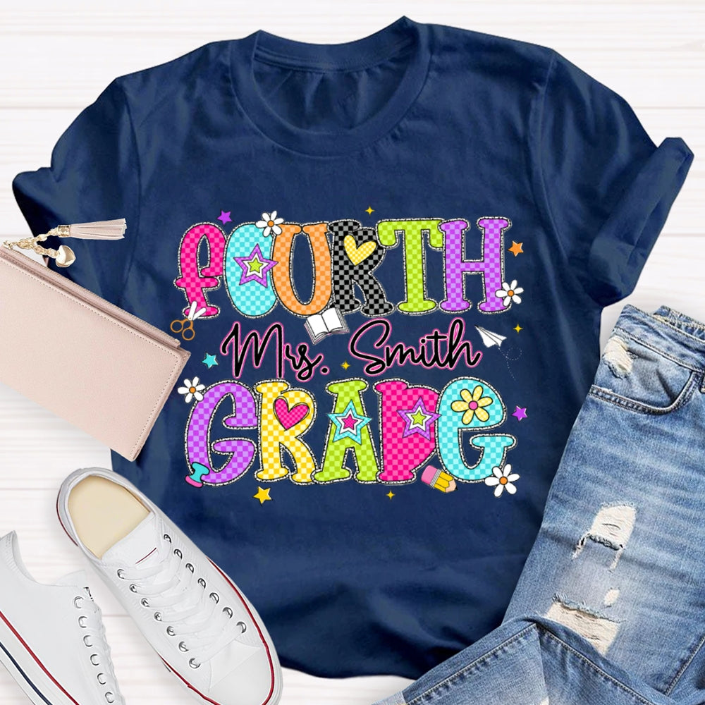 Personalized Name And Grade Fourth Grade Colorful Plaid Letter Print Teacher T-shirt
