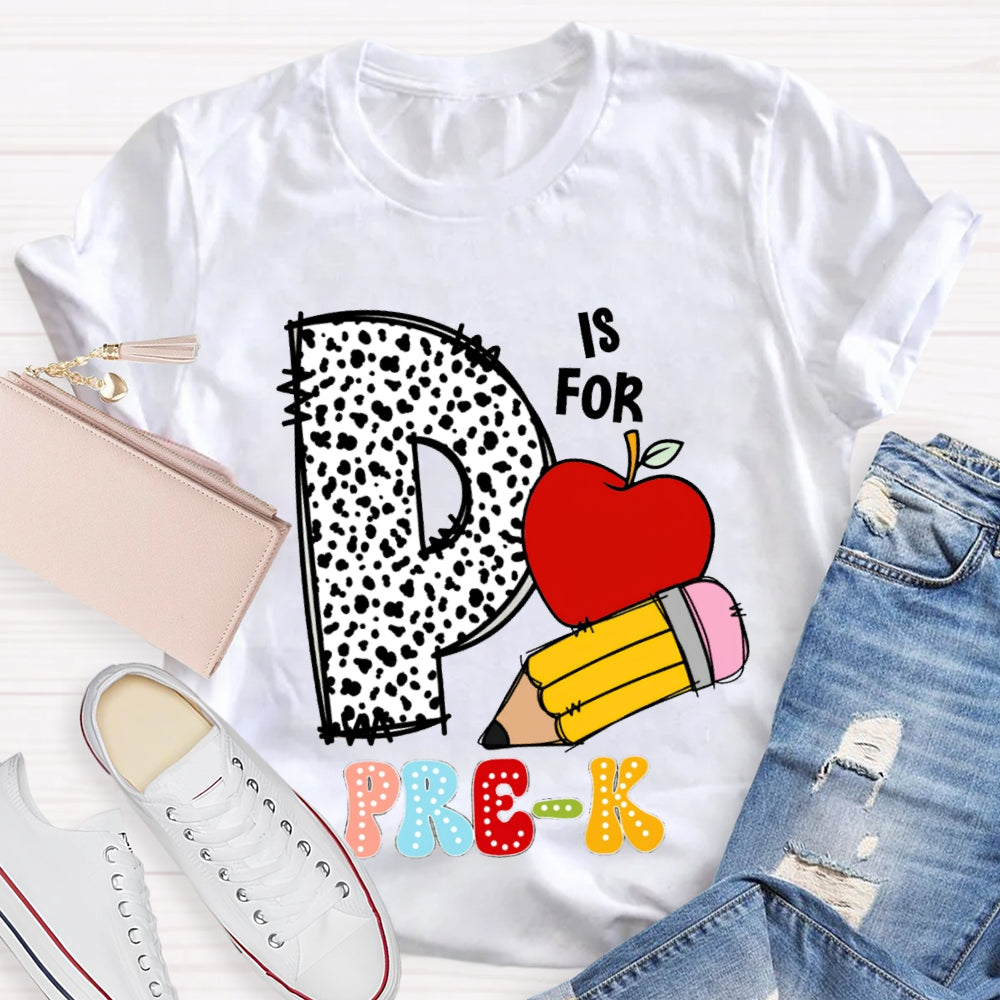 Personalized Grade Pre-K Polka Dot Letters Apple And Yellow Pencil T-shirt