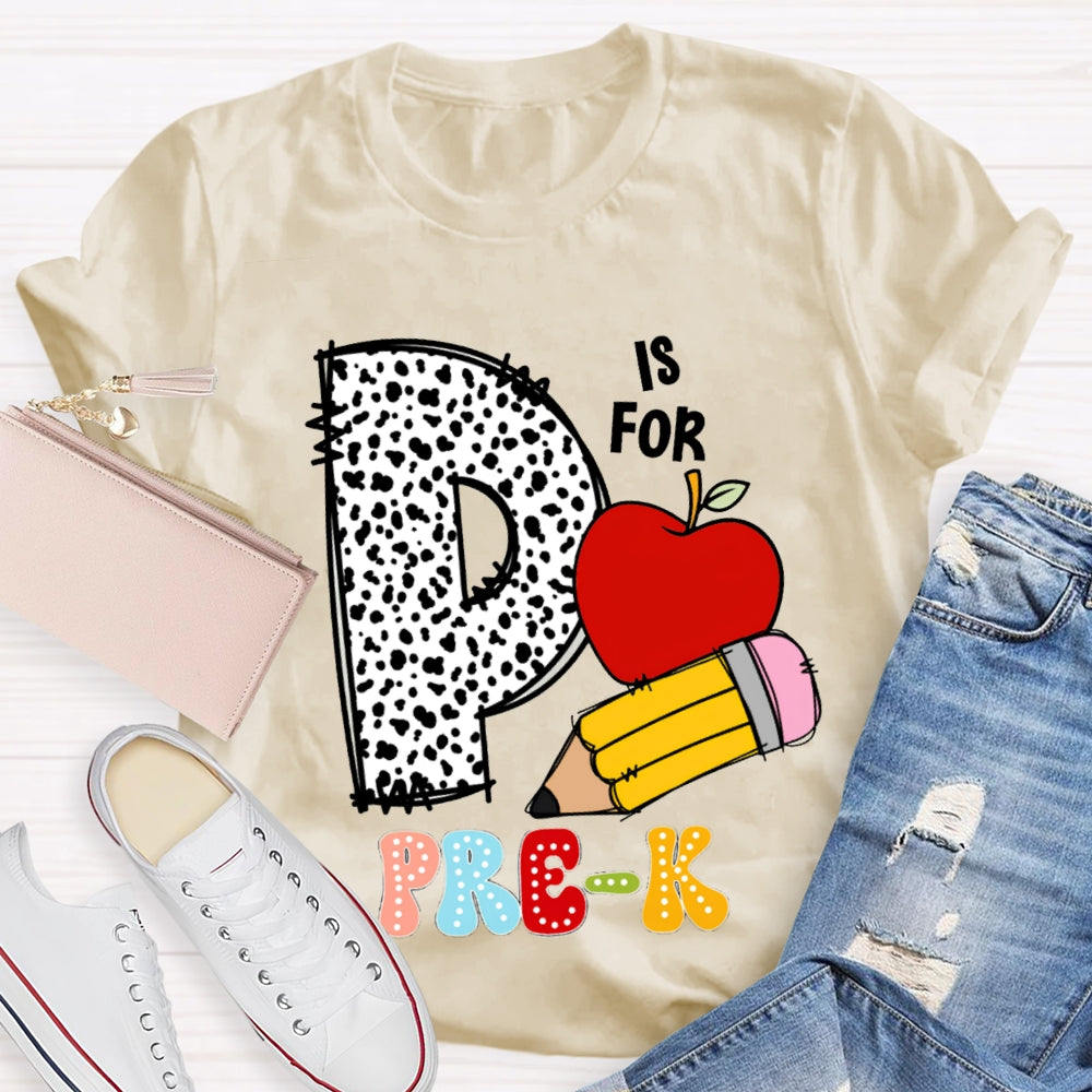 Personalized Grade Pre-K Polka Dot Letters Apple And Yellow Pencil T-shirt