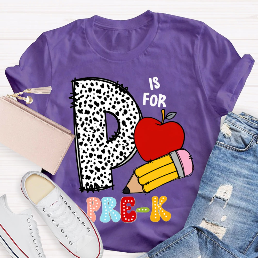 Personalized Grade Pre-K Polka Dot Letters Apple And Yellow Pencil T-shirt