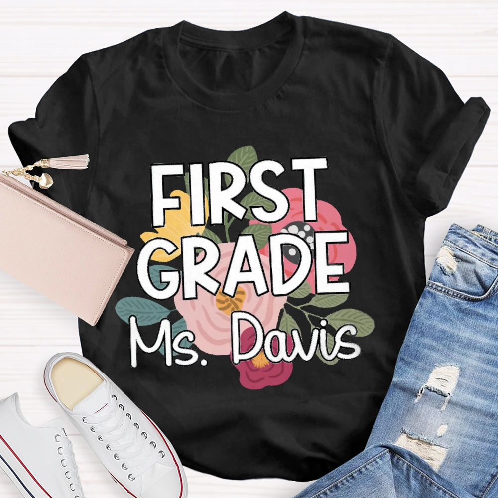 Personalized Grade And Name First Grade Flowers Printed T-shirt