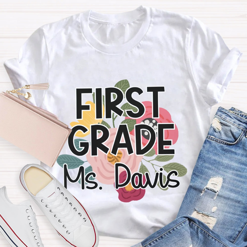 Personalized Grade And Name First Grade Flowers Printed T-shirt