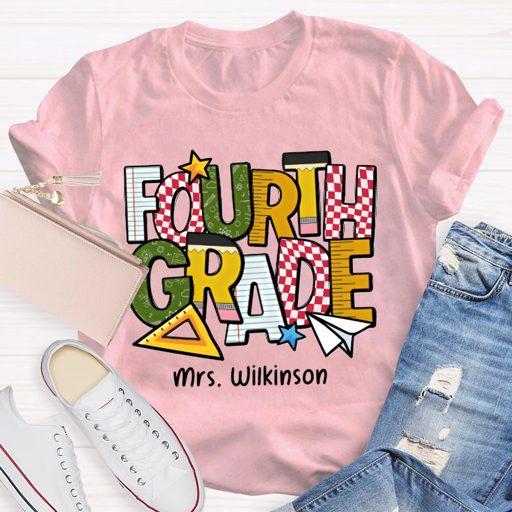 Personalized Name And Grade Fourth Grade Back To School Teacher T-shirt