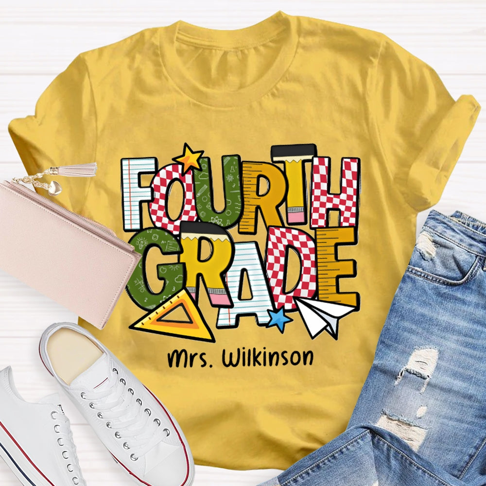 Personalized Name And Grade Fourth Grade Back To School Teacher T-shirt