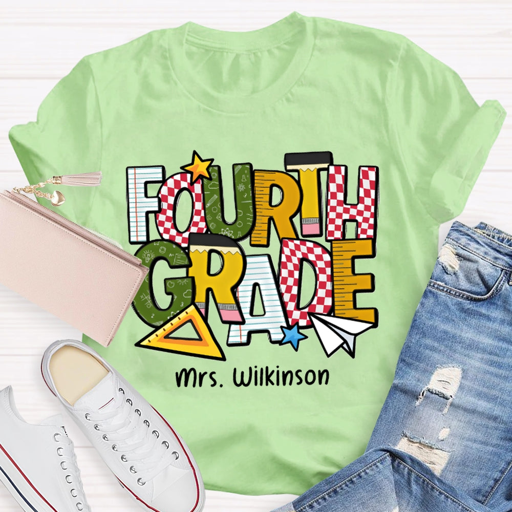 Personalized Name And Grade Fourth Grade Back To School Teacher T-shirt
