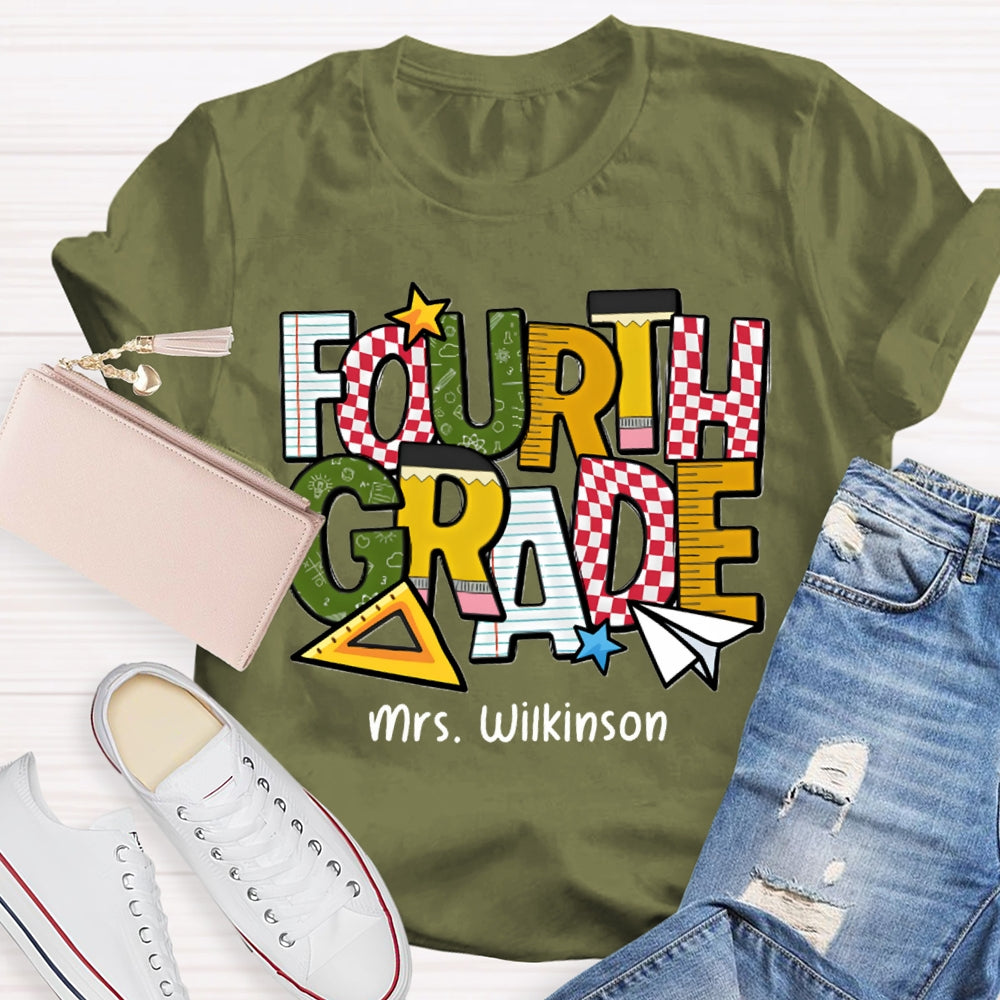 Personalized Name And Grade Fourth Grade Back To School Teacher T-shirt