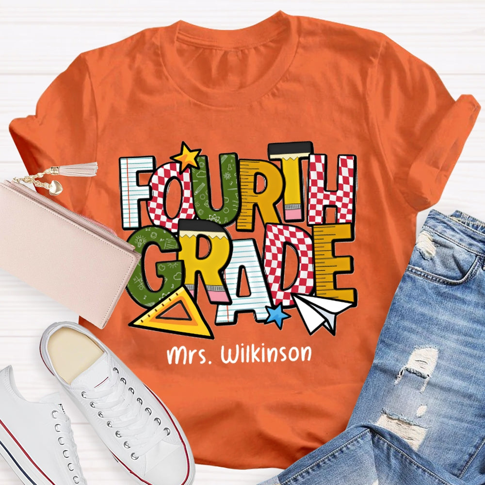 Personalized Name And Grade Fourth Grade Back To School Teacher T-shirt