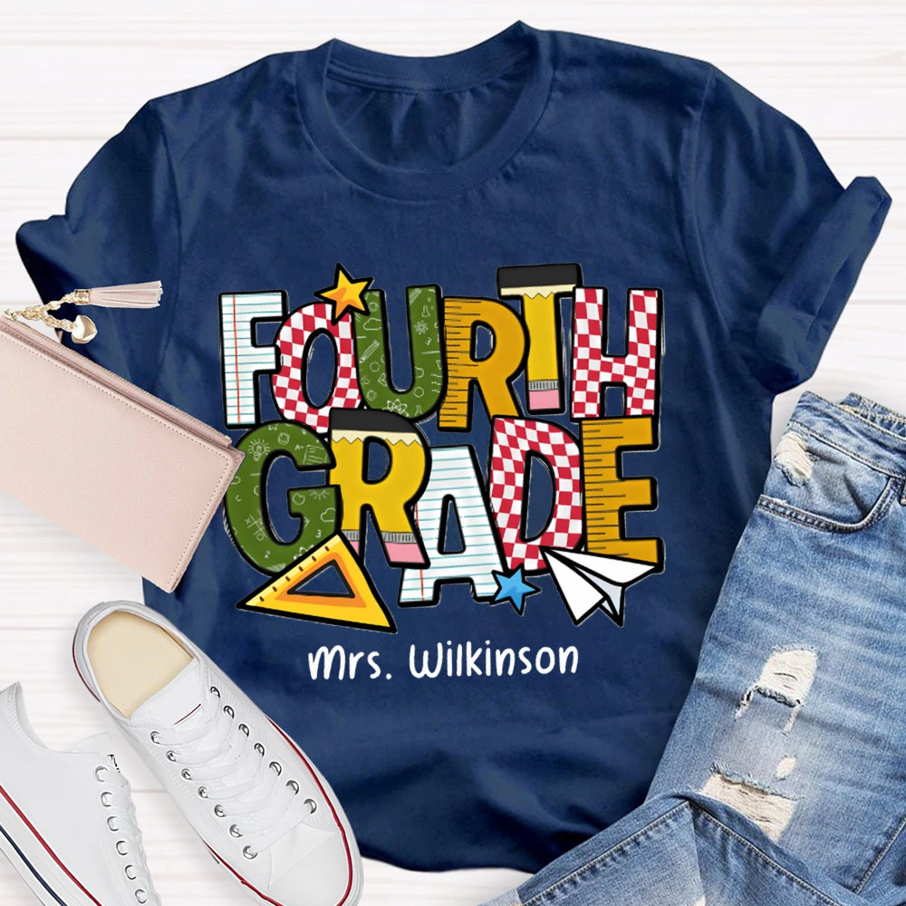 Personalized Name And Grade Fourth Grade Back To School Teacher T-shirt
