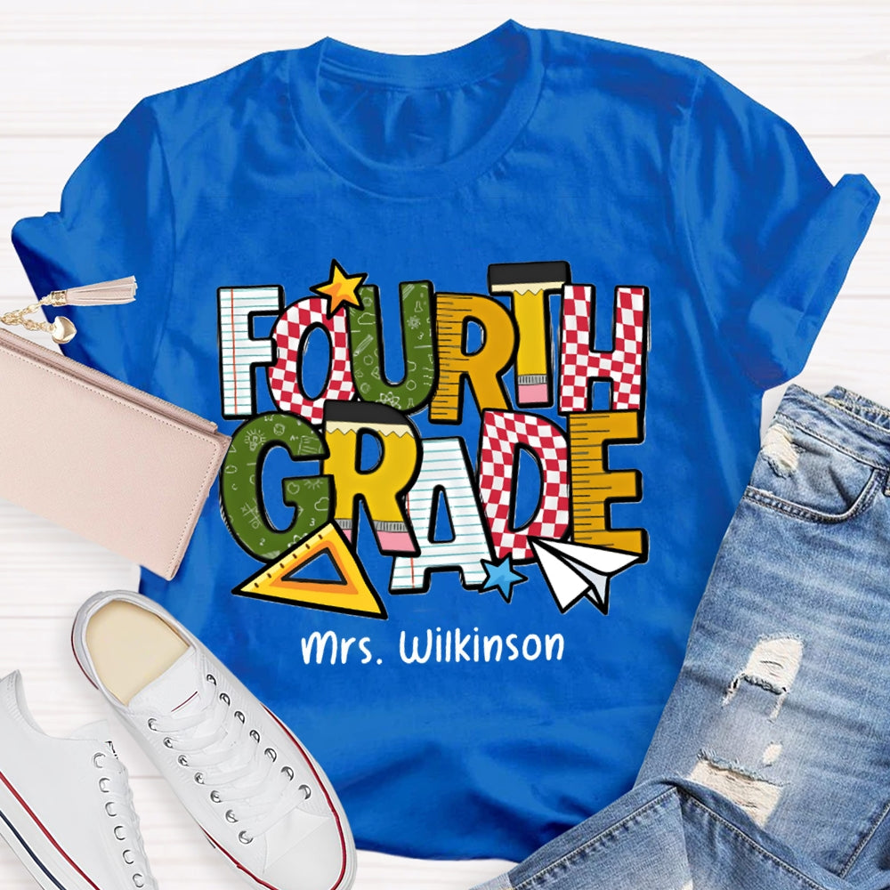 Personalized Name And Grade Fourth Grade Back To School Teacher T-shirt