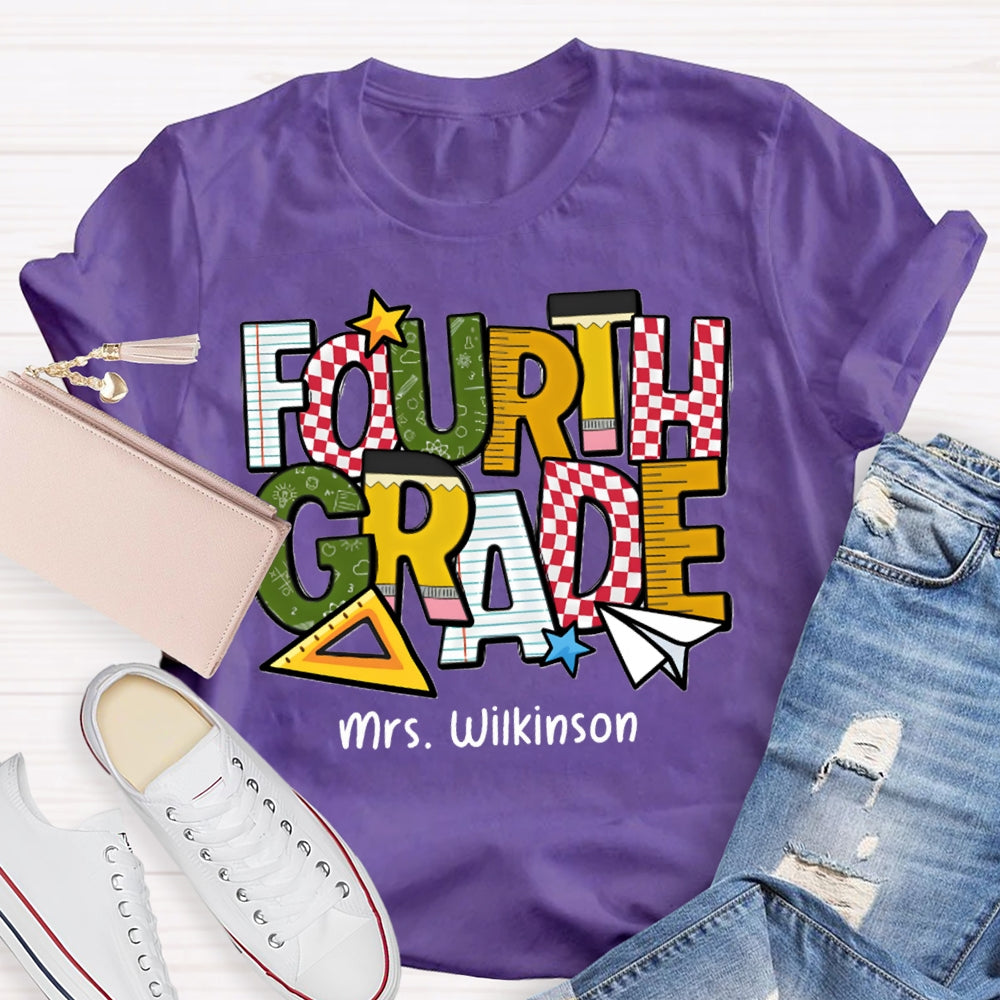 Personalized Name And Grade Fourth Grade Back To School Teacher T-shirt