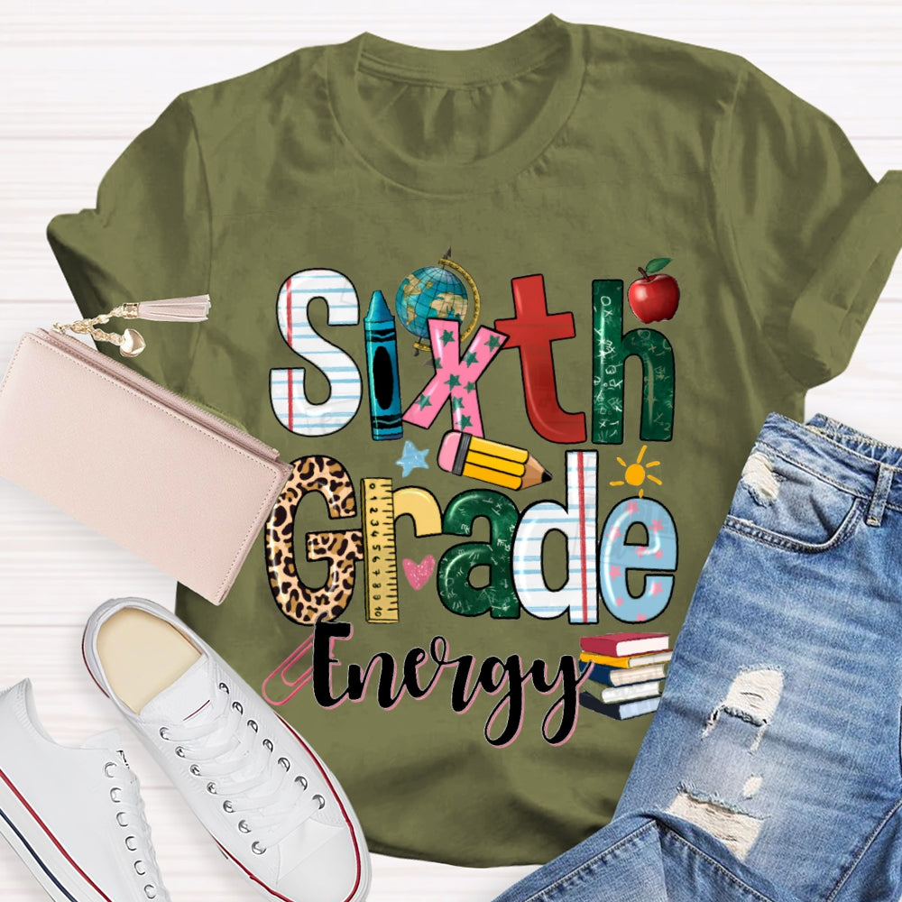Personalized Grade Energy Sixth Grade Globe And Books Teacher T-shirt