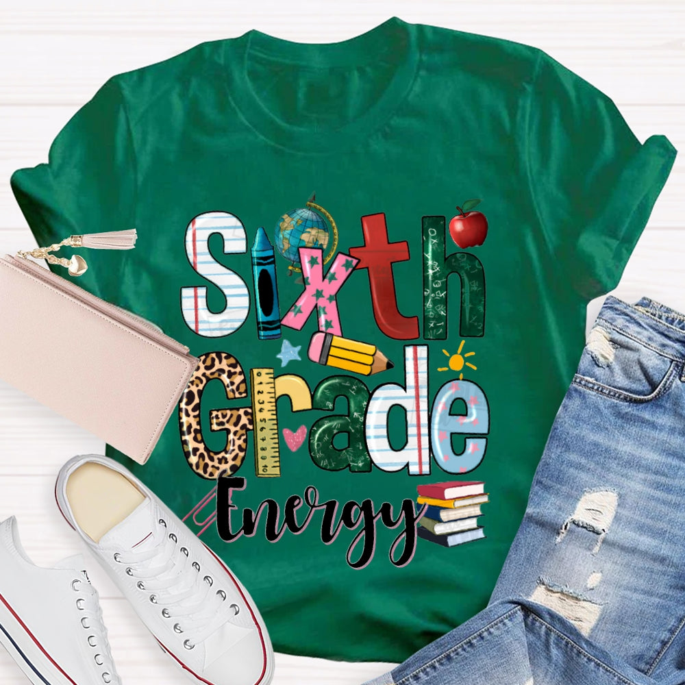 Personalized Grade Energy Sixth Grade Globe And Books Teacher T-shirt