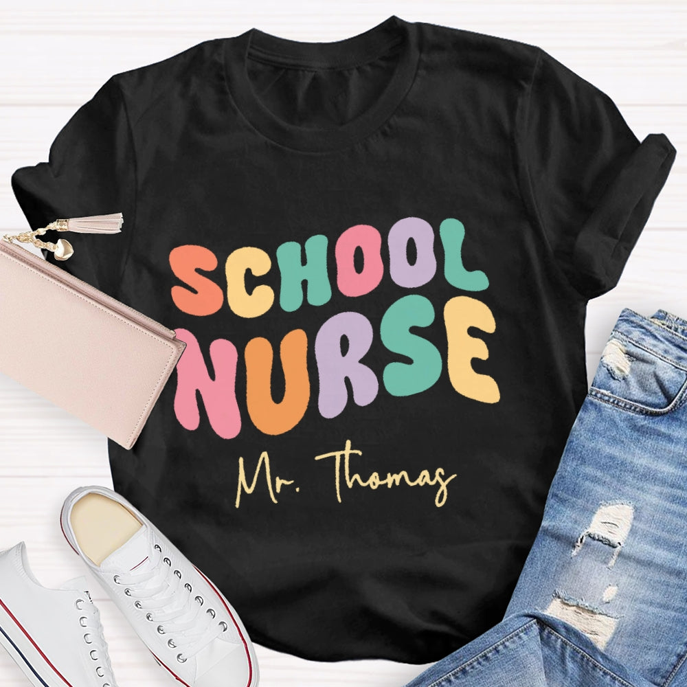 Personalized Name School Nurse Colorful Letters Design Printing T-shirt