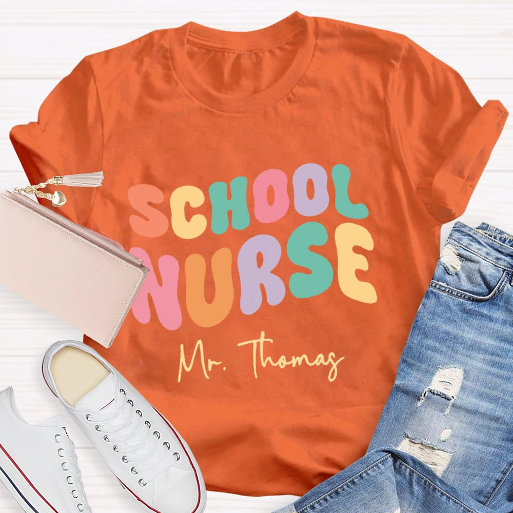 Personalized Name School Nurse Colorful Letters Design Printing T-shirt