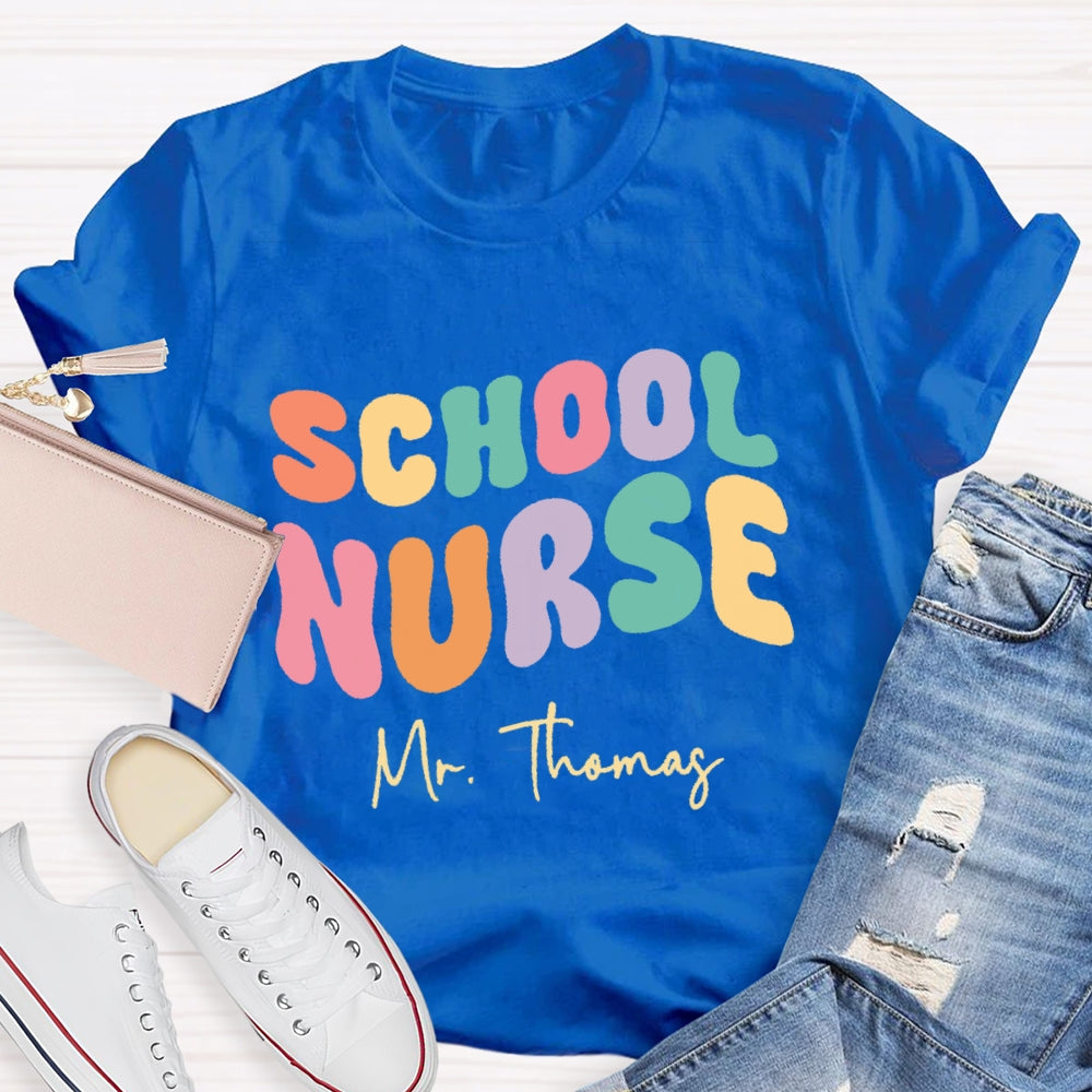 Personalized Name School Nurse Colorful Letters Design Printing T-shirt