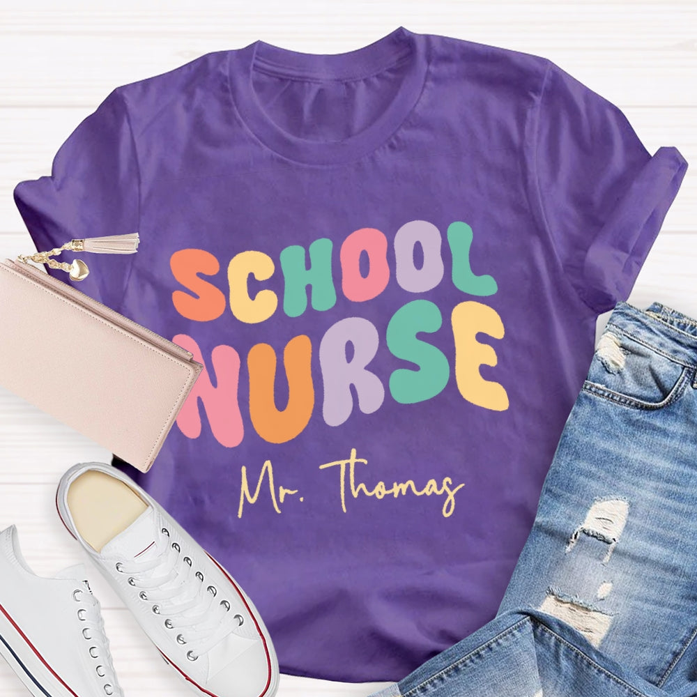 Personalized Name School Nurse Colorful Letters Design Printing T-shirt