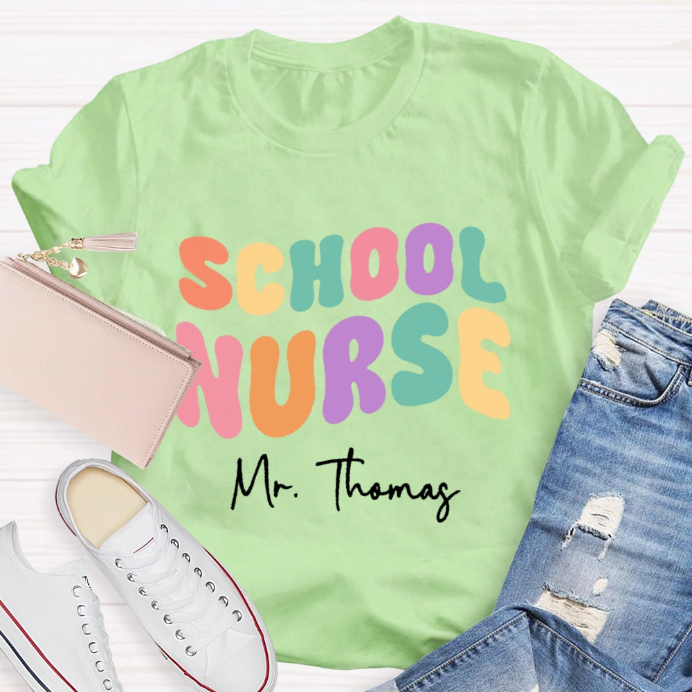 Personalized Name School Nurse Colorful Letters Design Printing T-shirt