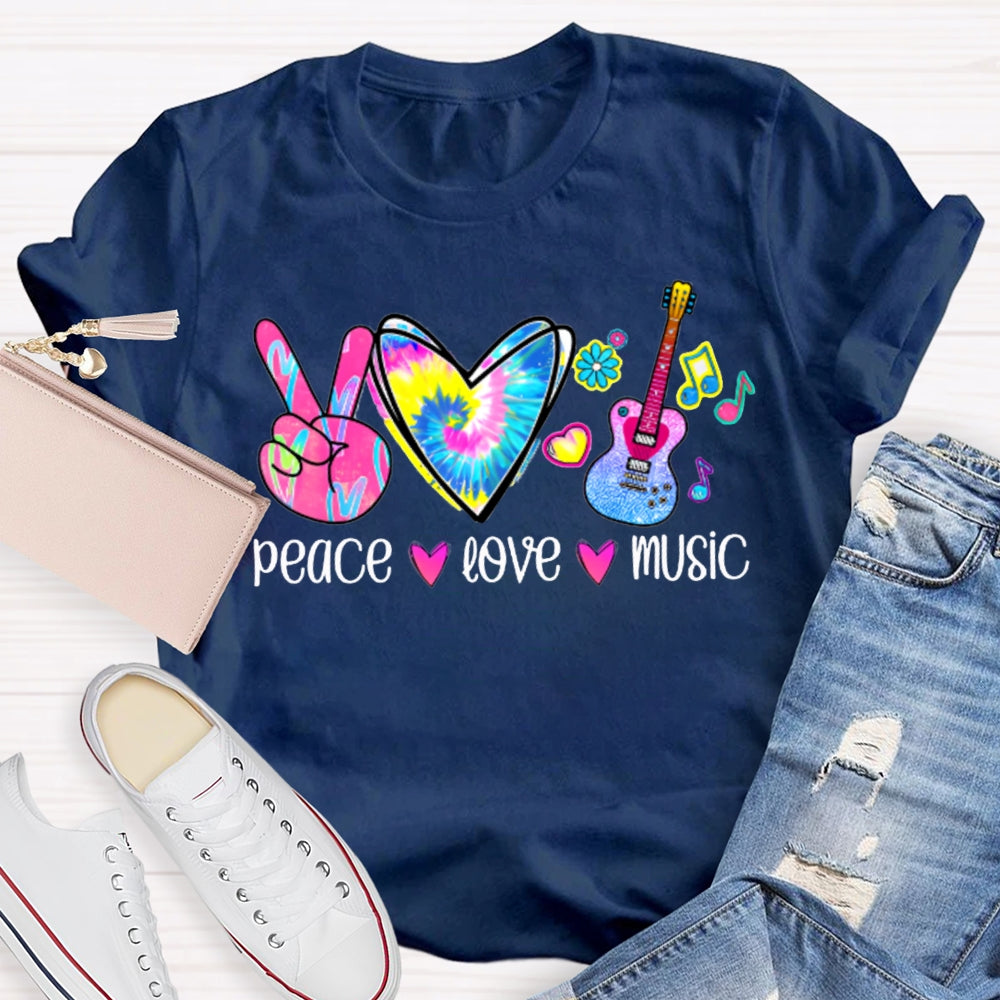 Peace Love Music Colorful Tie-Dyed Hearts And Guitar Music Teacher T-shirt