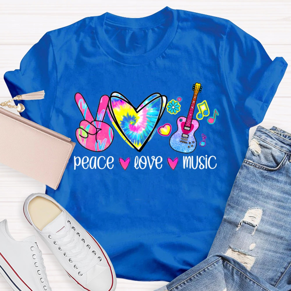 Peace Love Music Colorful Tie-Dyed Hearts And Guitar Music Teacher T-shirt
