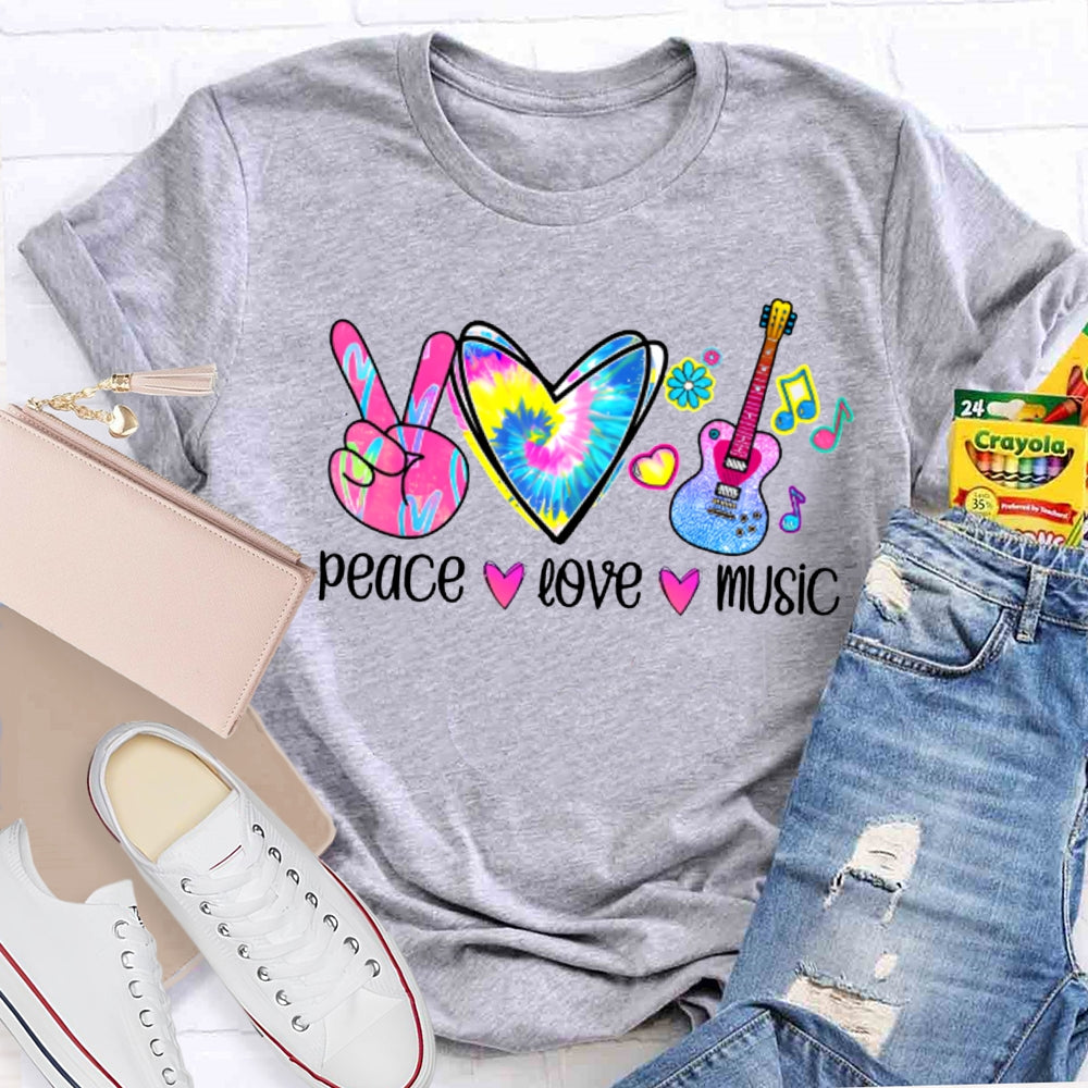 Peace Love Music Colorful Tie-Dyed Hearts And Guitar Music Teacher T-shirt