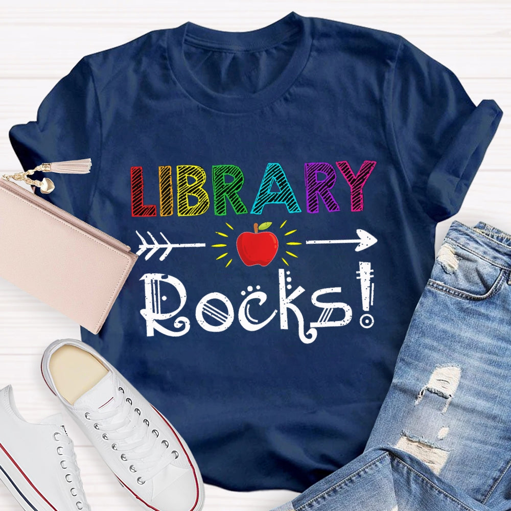 Library Rocks Colorful Striped Letters And Apple T-shirt
