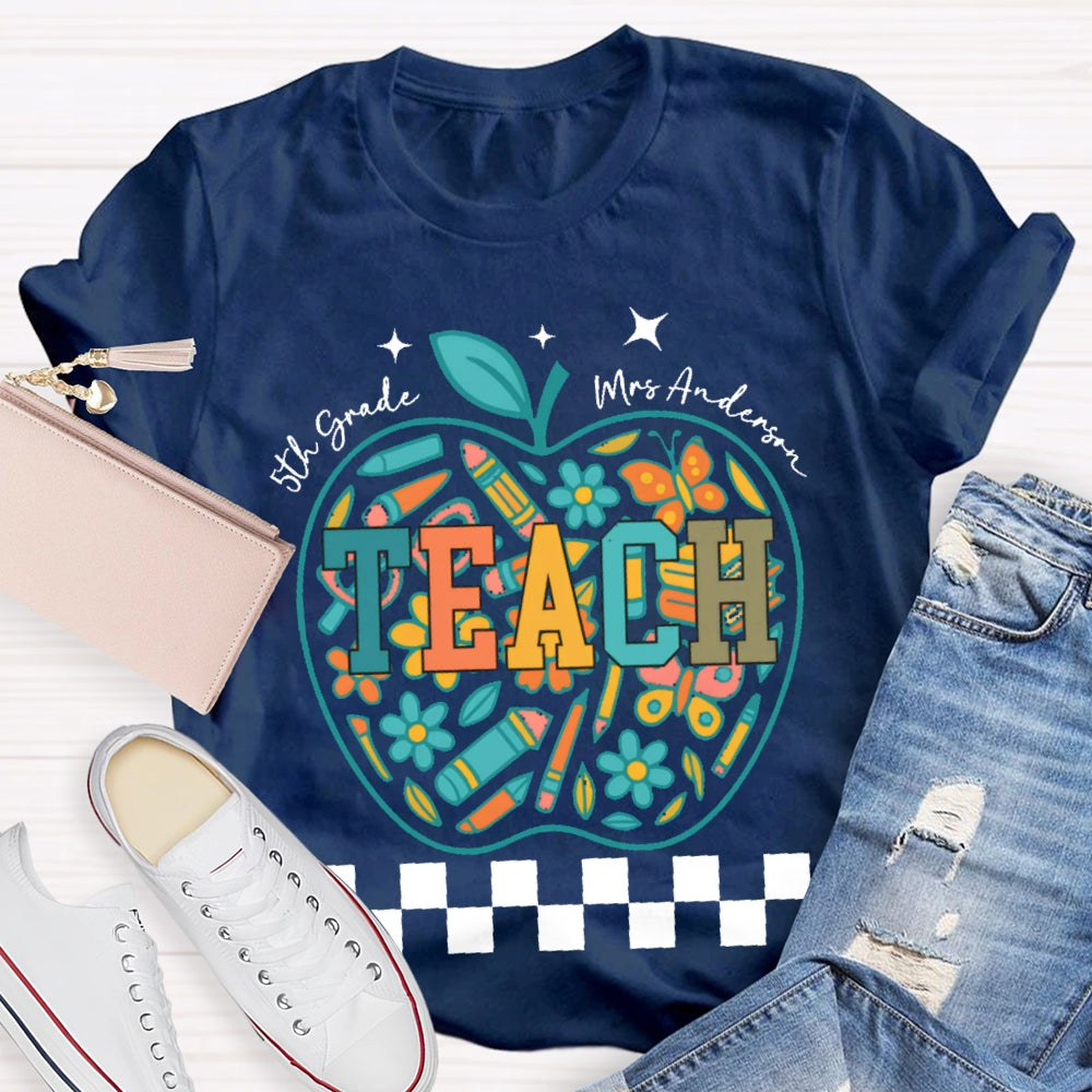 Personalized Name And Grade 5th Grade Stationery Apple Pattern Printing T-shirt