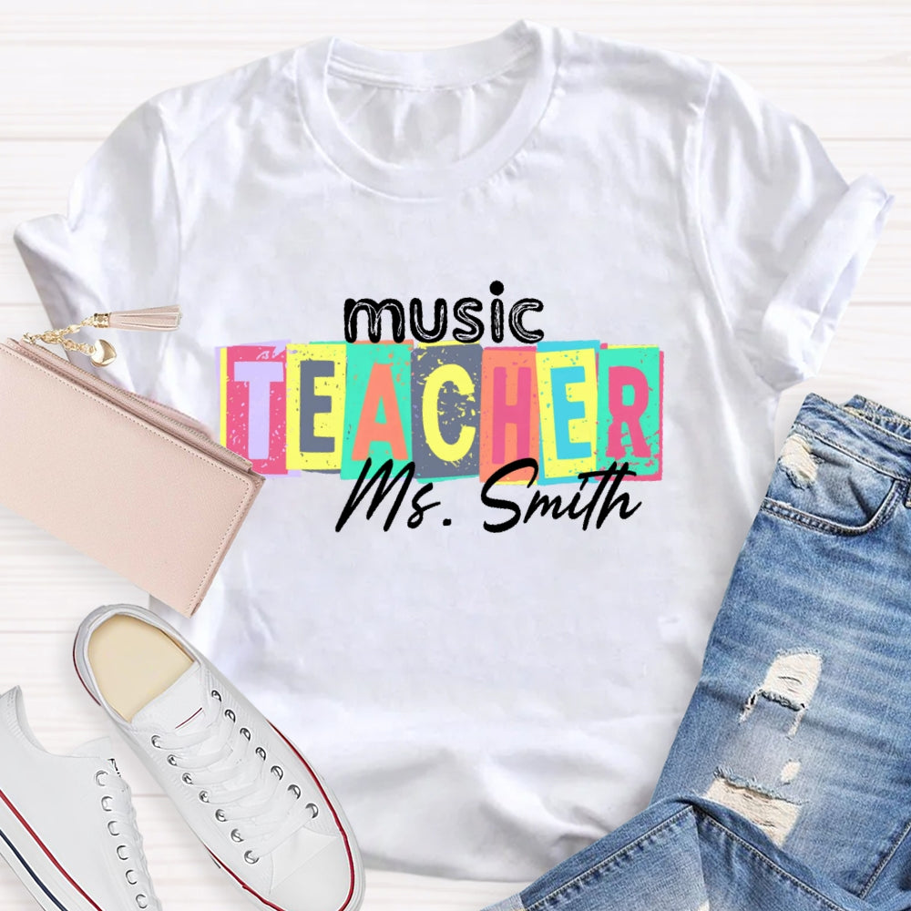 Personalized Name Music Teacher Colorful Square Pattern T-shirt