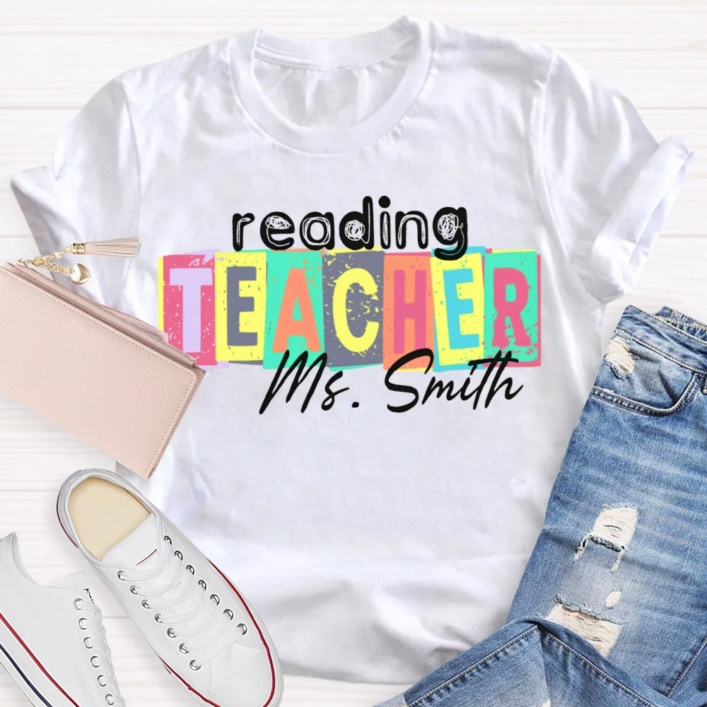 Personalized Name Reading Teacher Colorful Square Print T-shirt