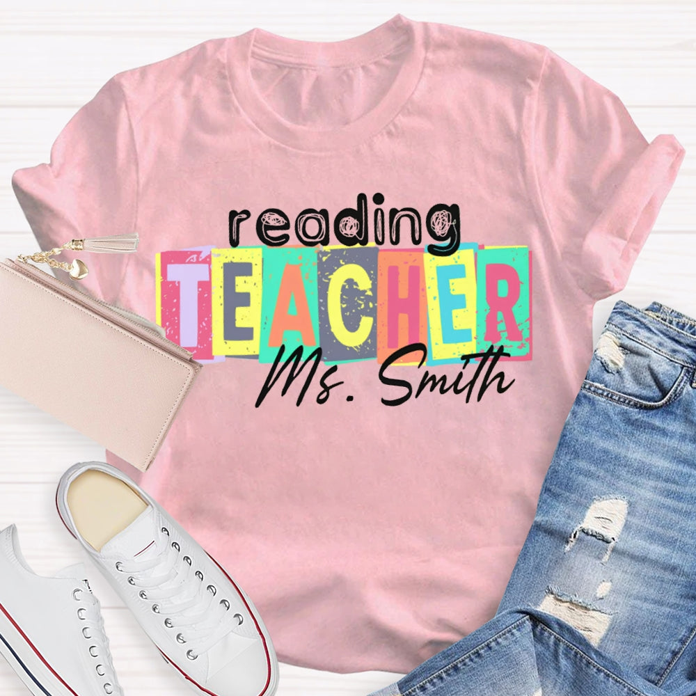 Personalized Name Reading Teacher Colorful Square Print T-shirt