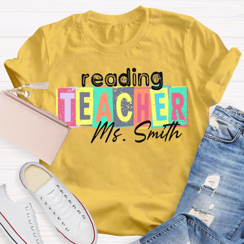 Personalized Name Reading Teacher Colorful Square Print T-shirt