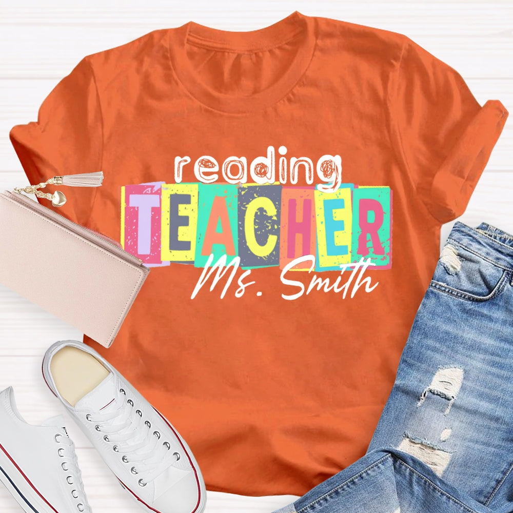Personalized Name Reading Teacher Colorful Square Print T-shirt