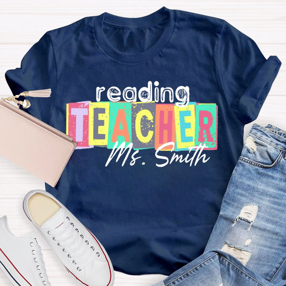 Personalized Name Reading Teacher Colorful Square Print T-shirt