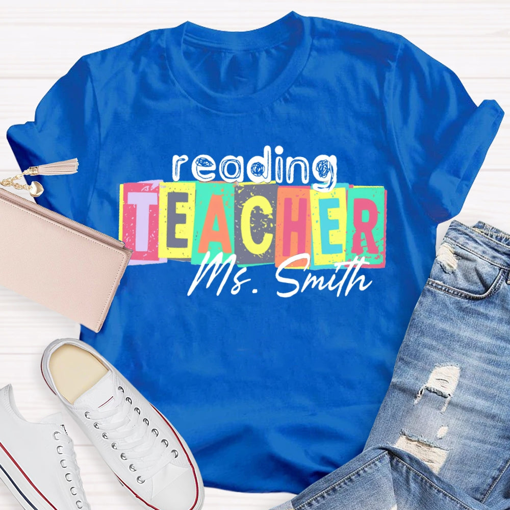 Personalized Name Reading Teacher Colorful Square Print T-shirt