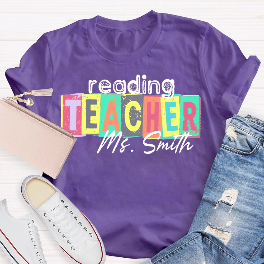 Personalized Name Reading Teacher Colorful Square Print T-shirt
