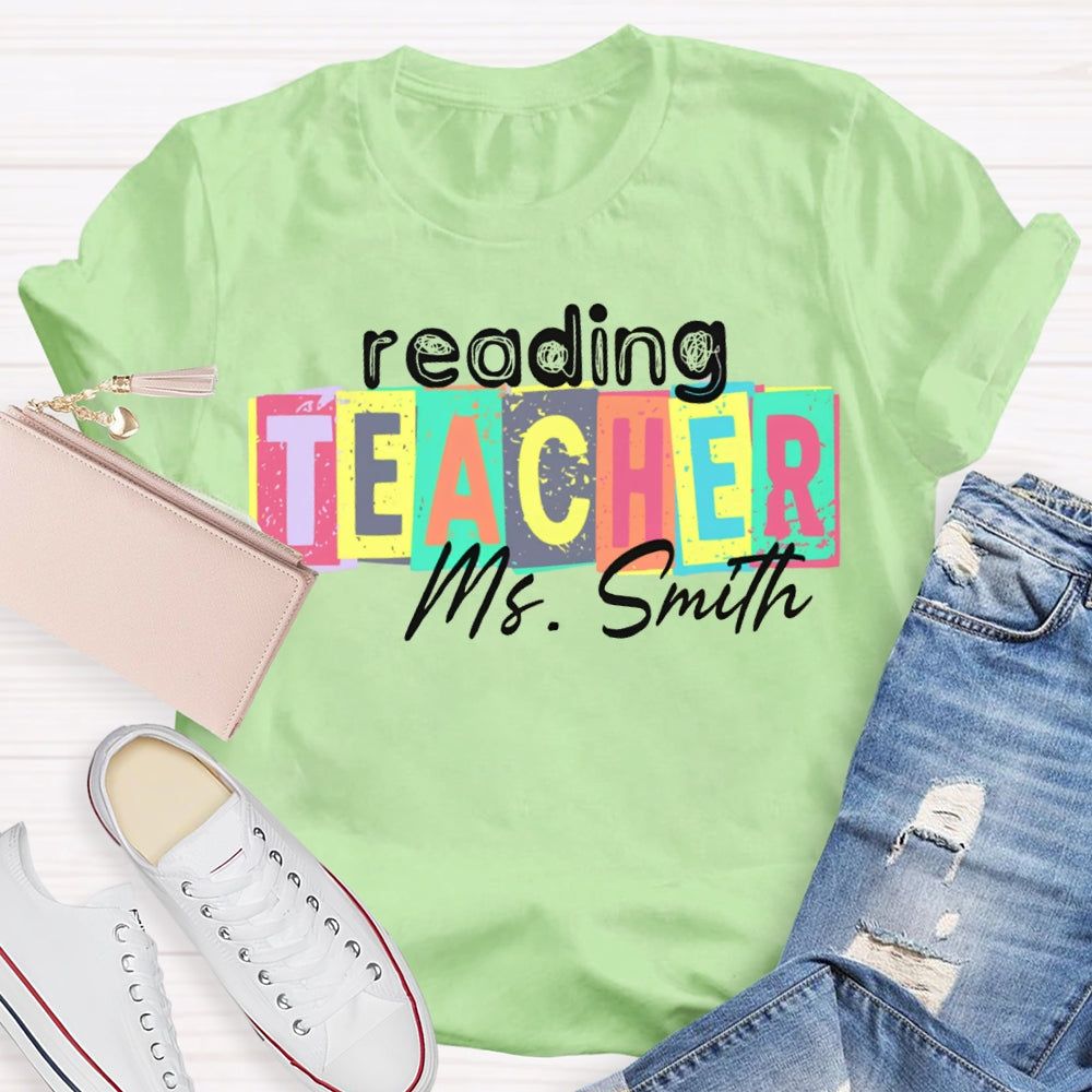 Personalized Name Reading Teacher Colorful Square Print T-shirt