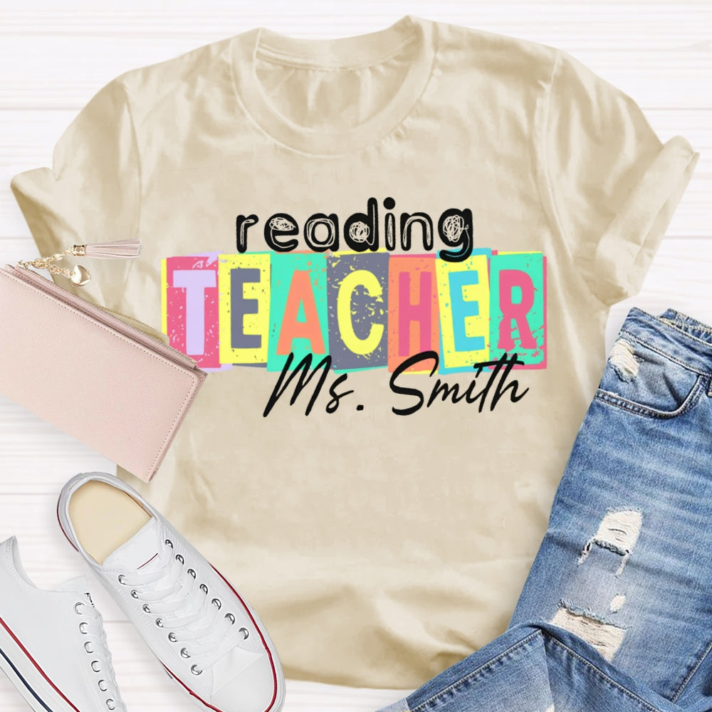 Personalized Name Reading Teacher Colorful Square Print T-shirt