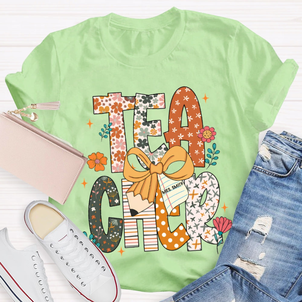 Personalized Name Teacher Pattern Letter Bow T-shirt