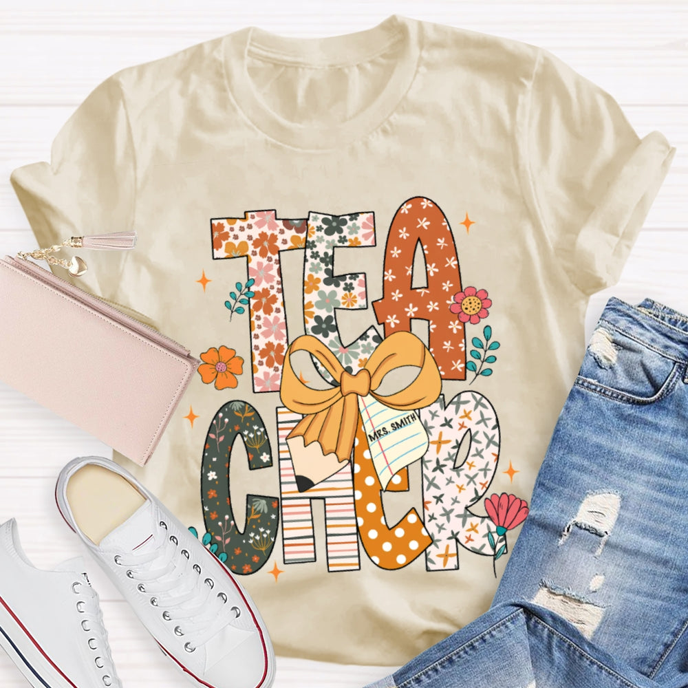 Personalized Name Teacher Pattern Letter Bow T-shirt