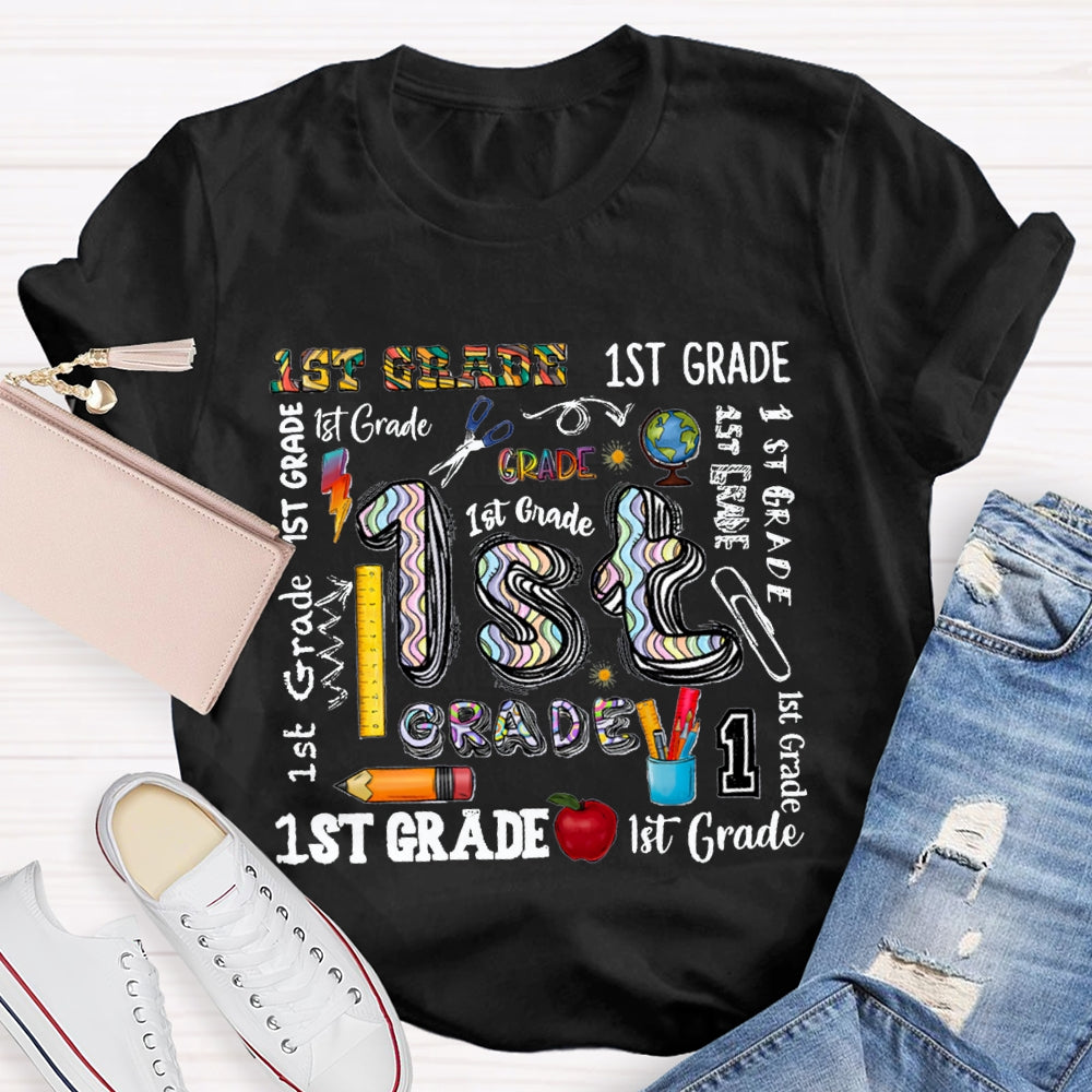 Personalized Grade School Supplies Icons Teacher T-Shirt