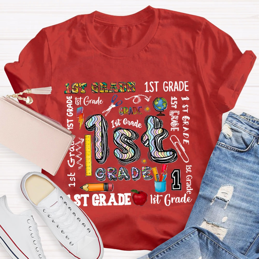 Personalized Grade School Supplies Icons Teacher T-Shirt