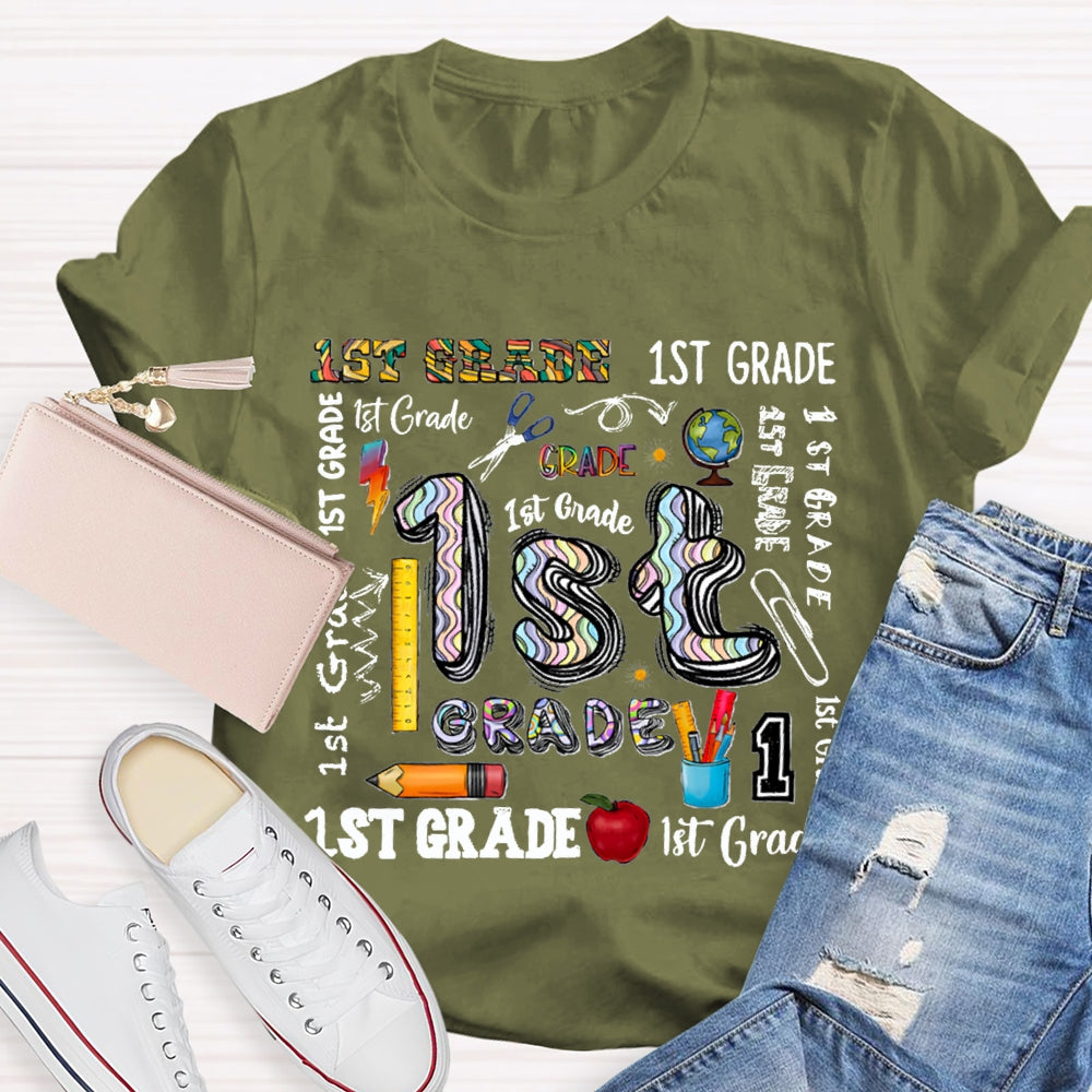 Personalized Grade School Supplies Icons Teacher T-Shirt