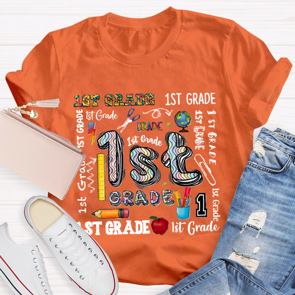 Personalized Grade School Supplies Icons Teacher T-Shirt