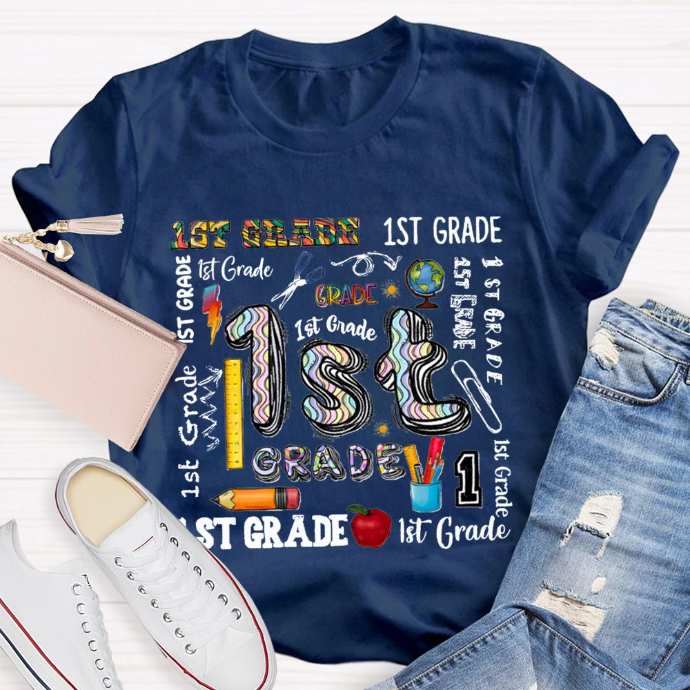 Personalized Grade School Supplies Icons Teacher T-Shirt