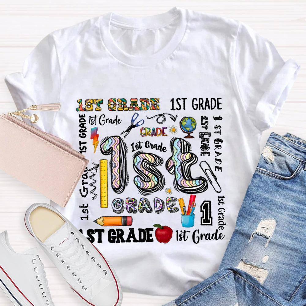 Personalized Grade School Supplies Icons Teacher T-Shirt