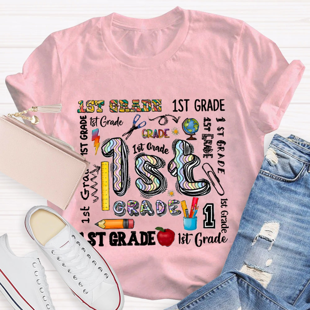 Personalized Grade School Supplies Icons Teacher T-Shirt