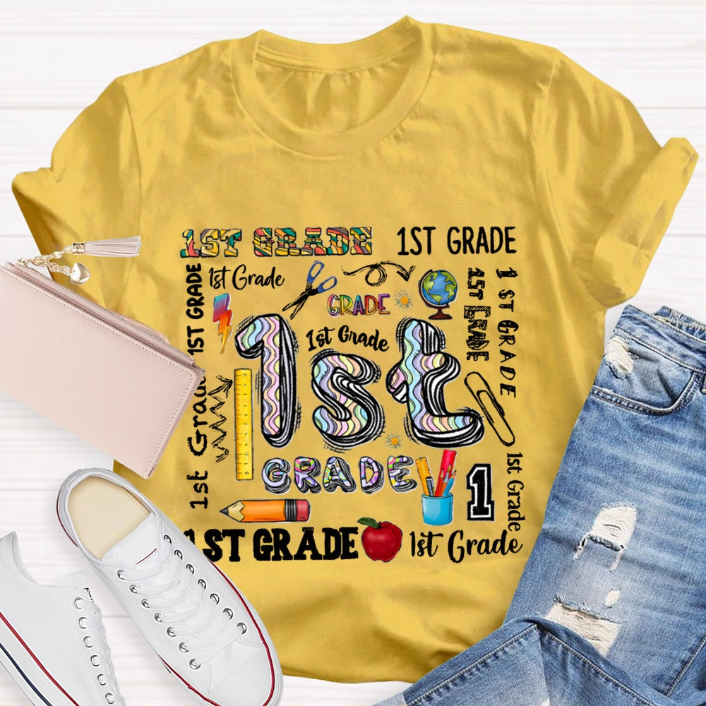 Personalized Grade School Supplies Icons Teacher T-Shirt