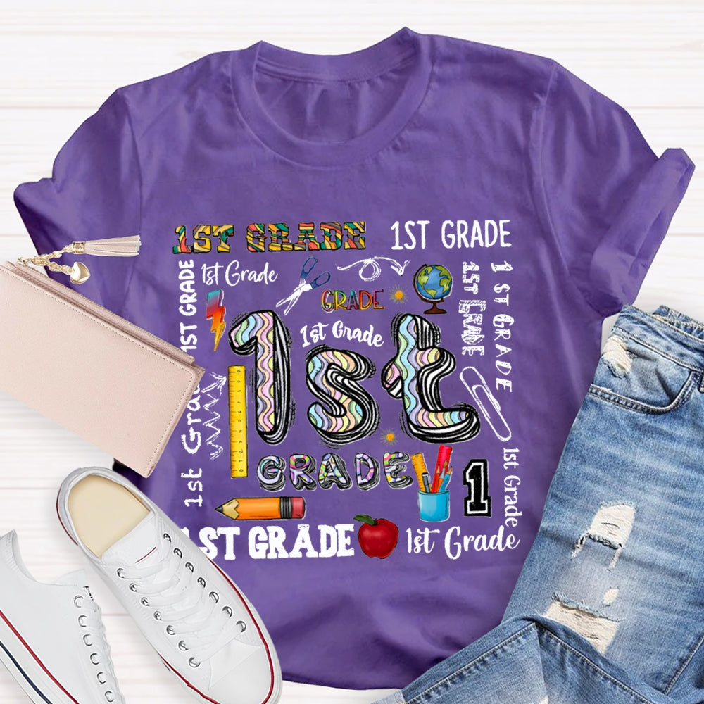 Personalized Grade School Supplies Icons Teacher T-Shirt