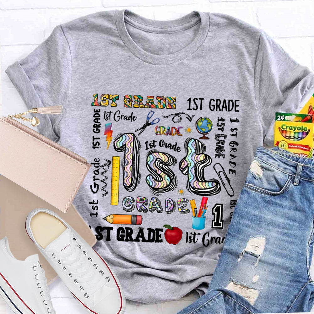 Personalized Grade School Supplies Icons Teacher T-Shirt