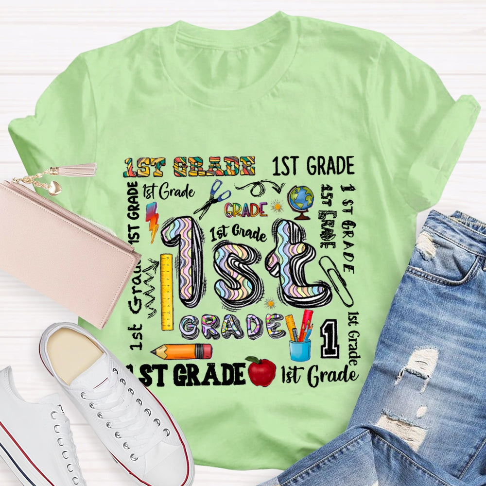 Personalized Grade School Supplies Icons Teacher T-Shirt